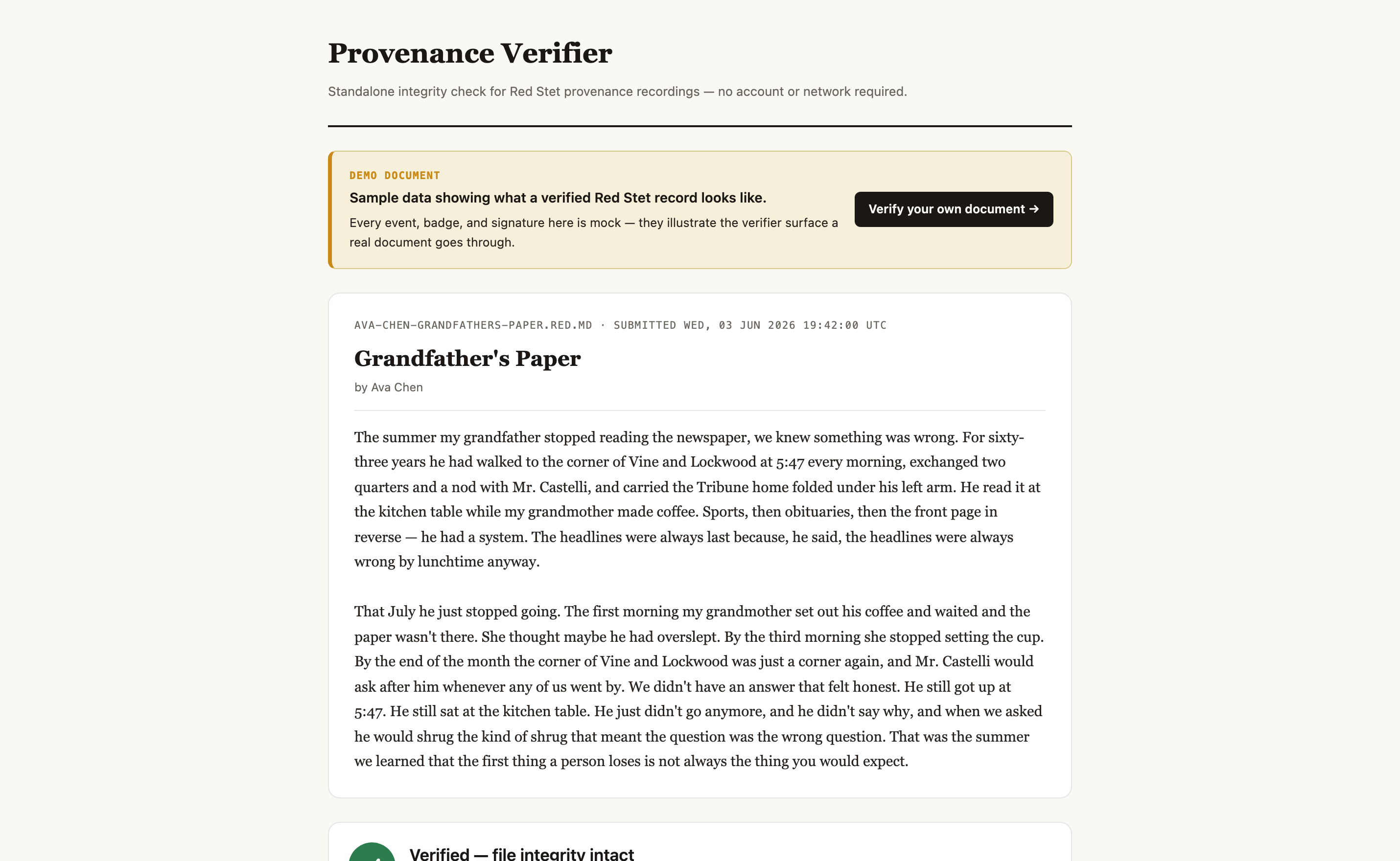 The Red Stet provenance verifier showing Ava Chen's Grandfather's Paper — file integrity intact, EAV envelope decoded, real demo content rendered as a teacher would see it on review.