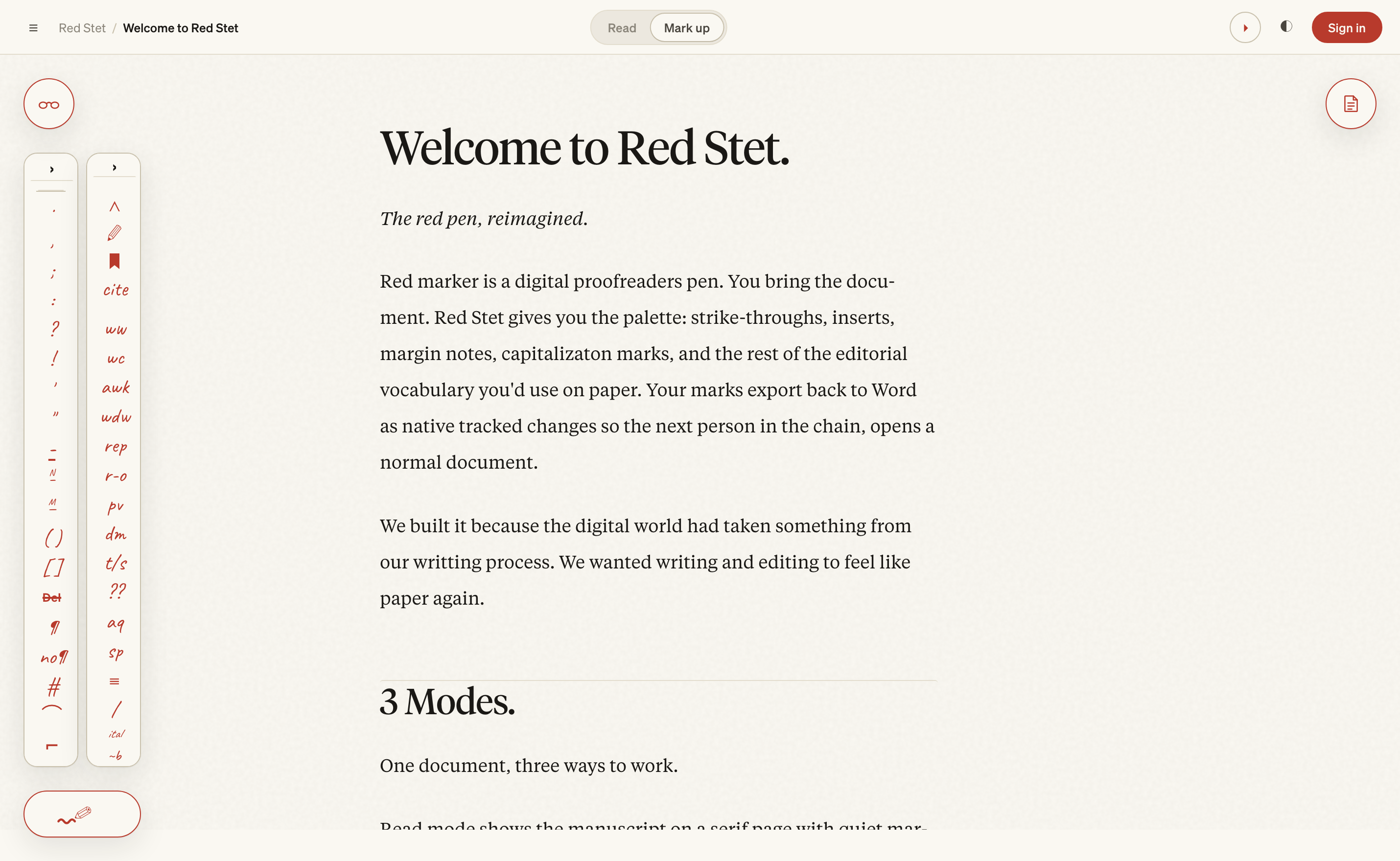 The Red Stet writing surface — bundled welcome doc rendered as book-quality typography with the editorial marks toolbar visible in the left gutter.